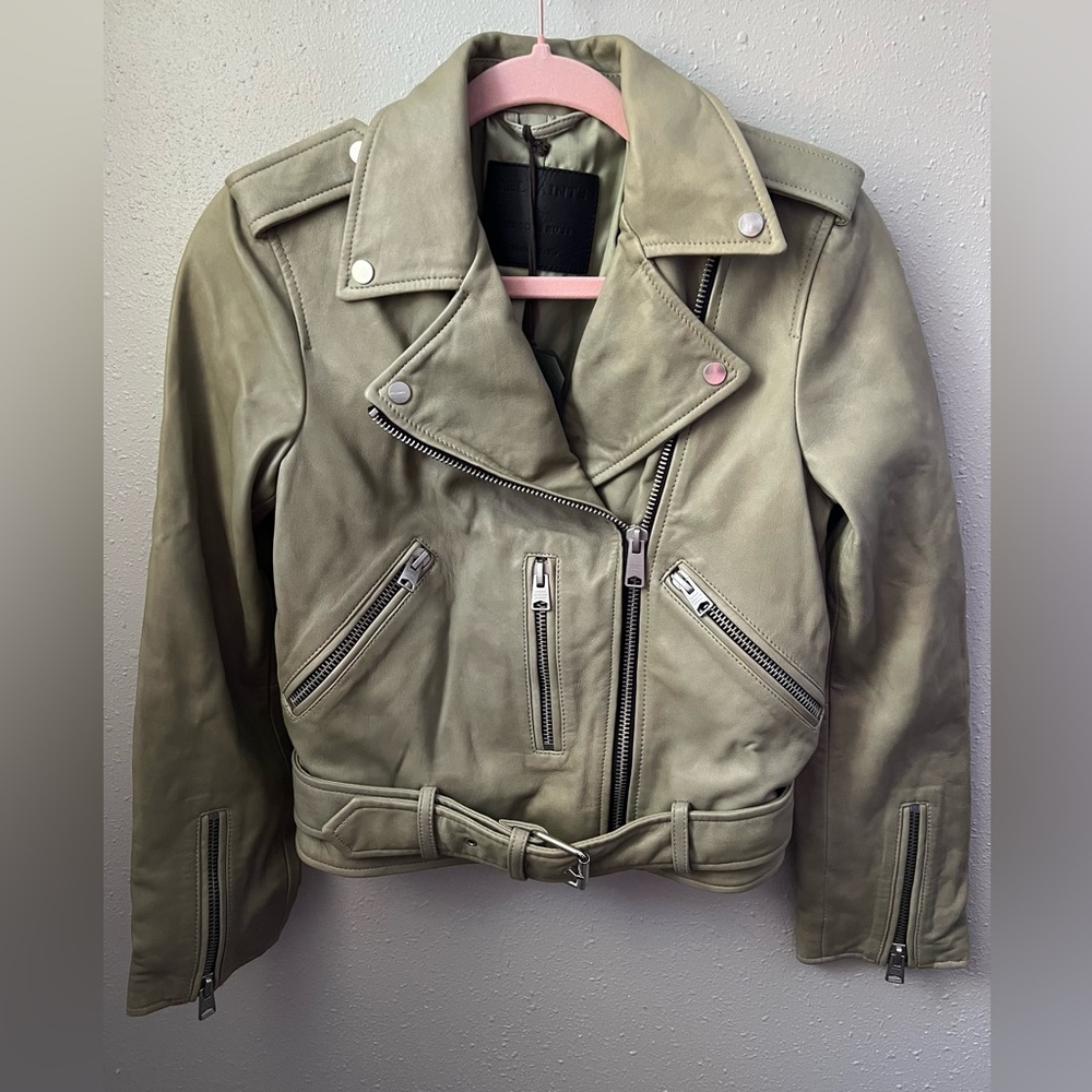 ALLSAINTS Balfern Leather Biker Jacket Size 2 In Green New - Picture 4 of 13